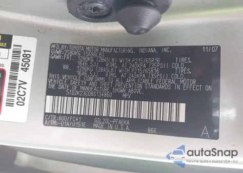 2008 Toyota Sienna Le z USA, uszkodzony, nr VIN 5TDZK23C08S134860